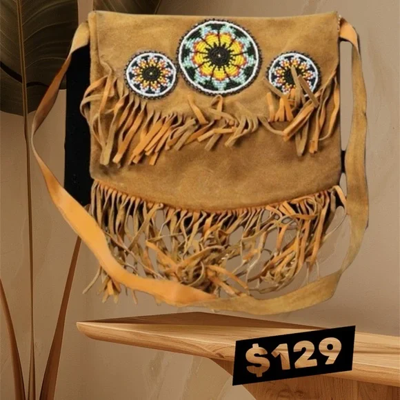 Navajo Hide Hand Beaded Fringed Tan Shoulder Bag Antique. FLASH SALE - Picture 1 of 8